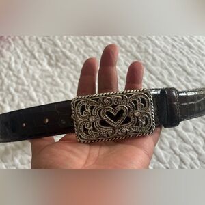 Brighton Embossed Dark Brown Patent Leather Croc Belt with Silver Heart Buckle
